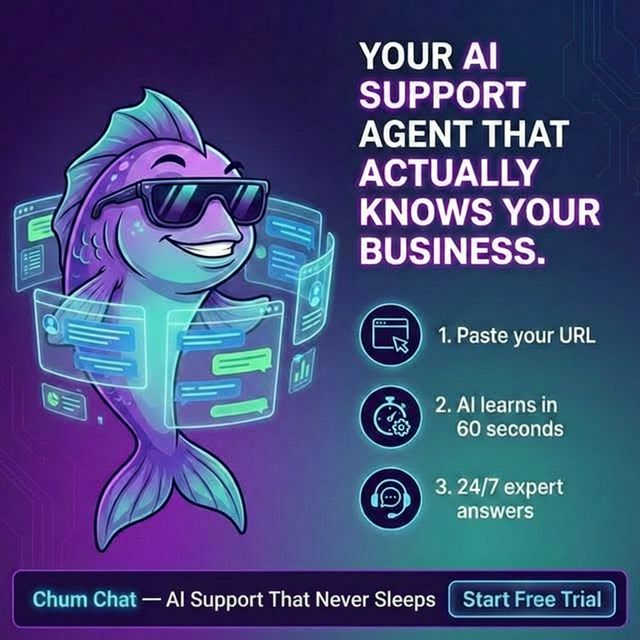 Chum Chat AI Support Agent — purple fish mascot with sunglasses